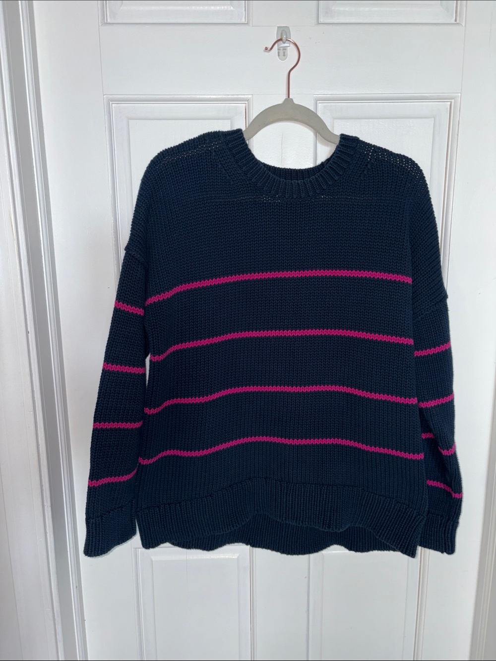 Banana Republic Navy Crewneck Sweater with Hot Pink Stripes